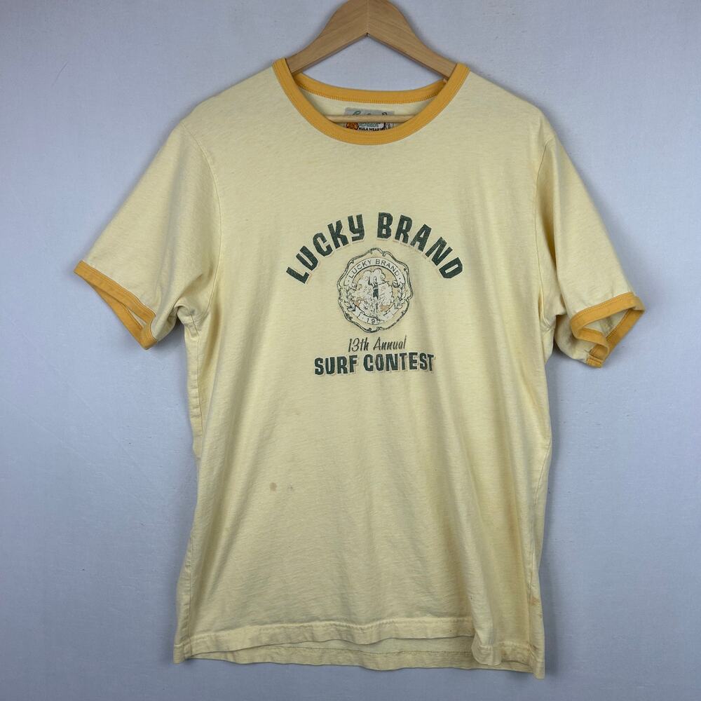 Lucky Brand Beach Hula Wear Ringer Tee T Shirt Short Sleeve Yellow Men's Size L